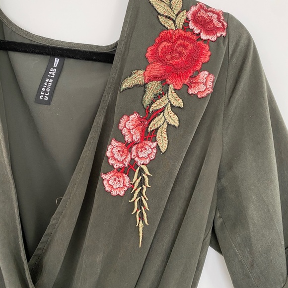 Silk Olive Green Romper with Flower Details - Picture 5 of 7